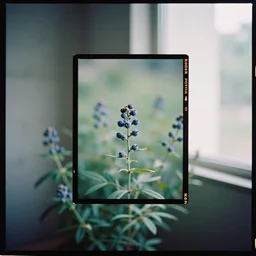 kodak portra 4 0 0, blueberry, 1 9 2 0 s style, long shot, photo of flowers near by a window a room with concrete walls, tiny gaussian blur, depth of field