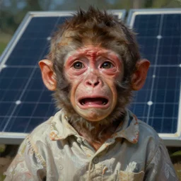 a monkey boy cryng portrait with porcelain face and big eyes, solar panels, dressed in a vintage shirt, conceptual art, oil fantasy painting, hyperdetailed, dramatic light, 8 k