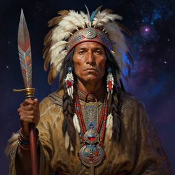 : native american shamen fantasy, cosmic fantasy magic,, intricate, sharp focus, illustration, highly detailed, digital painting, concept art, matte, jahbu art and paul lewin masterpiece