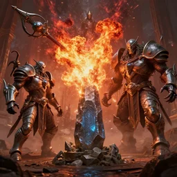 by beatriz bradaschii and danny ingrassia, visually stunning, cinematic, ultra realistic, hyper realism, 1 2 k, epic, octane render, unreal engine, vfx, maya, wolfrider : dampen magic, grave shambler : lesser mithril spellstone, unstable explosion : ogrimmar aspirant, brimstone warden : stone golem
