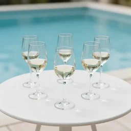 5 5 mm photo of white wine glass on a zen minimalist round white table with gorgeous pool in the background. highly detailed 8 k. intricate. lifelike. soft light,