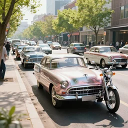 street scene, retro futuristic vintage shiny polished traffic mainly cars and motorcycles, volumetric lighting, beautiful, day time, spring, sunny weather, sharp focus, highly detailed, photorealistic, 4 0 0 0 k, f 1. 4, cgsociety