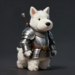 westie wearing medieval suit of armor, illustration, concept art, art by wlop, dark, moody, dramatic