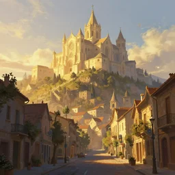 A fantasy digital concept painting of a street-level view of a town on the side of a large hill topped by a massive cathedral, golden hour, by Elodie Mondoloni