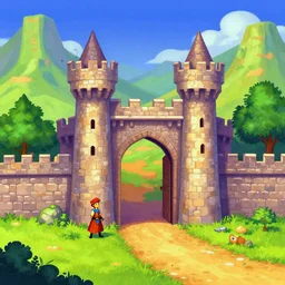 a scene in front of castle gates with, from a fantasy point and click 2 d graphic adventure game, art inspired by john shroades, king's quest, sierra entertainment games, colorful landscape painting