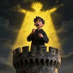 Close-up of a terrified catholic priest in his twenties at the top of a medieval tower watching as an ominous yellow shadow descends upon him from the night sky. Dramatic lighting. Award-winning digital art, trending on ArtStation