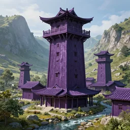 art in the mountain stream, a large tall wood dark violet colored four cornerd traditional attic, sit in the center of a building group, smaller attics and towers around, unreal engine, hyperdetailed, archdaily, by jorge jacinto, 4 k