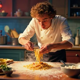 remy from ratatouille making pasta, cinematic, dramatic, color grading, photojournalism, colorful, highly detailed