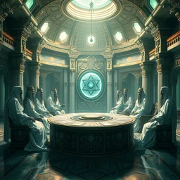 ! dream cinematic, renderman, futuristic palace hall with nine kings and queens, dressed in white robes, round table with stargate, high detailed decor, emerald treasure, jeremy mann and greg rutkowski, frank frazetta, marc simonetti and caspar david friedrich, trending on art station