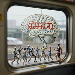 fuji gfx, 3 5 mm ; beautiful hyperrealistic film still from devanagari signs movie of traveling cyborg dance scene directed by microplastics in style of 1 9 9 0 s frontiers in miniature porcelain kintsugu macro design magazine architectural art studio seinen manga closeup 3 / 4 portrait edition, real - life shinkansen window landscape view of porcelain wired devanagari brain map sign, highly detailed, tilt shift background