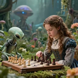 still from a sci fi blockbuster movie made in 2022, set in 1860,  a girl playing chess with a humanoid alien, wearing 1850s era clothes, in a garden full of alien plants and flowers, on an alien planet, good lighting, 8k, in focus faces, good qaulity photography