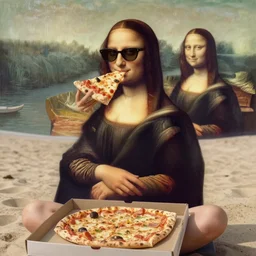 a young woman wearing sunglasses is sitting on the beach esting eating eating eating chewing chew chewing chewing!!!!!! a big slice of pizza pizza pizza!, looks like mona lisa, sharp focus, hyper realistic, soft colors, centered, insanely detailed, wide shot, a painting by leonardo da vinci