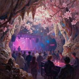 vaporwave nightclub in a cherry blossom dripstone cave. oil painting by award - winning concept artist. backlighting, chiaroscuro, field of depth.