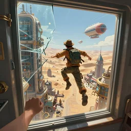 First person POV of a character jumping through a window and breaking the glass of a tall building in a bustling steampunk city built in the desert, bright day, flying airships, game concept art, artstation, digital painting, matte painting