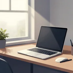 angled views of a laptop in a home office interior near a window, fog, sunbeams, detailed, editorial illustration, halftone texture, risograph, dynamic pose, matte print, grainy light, centered perspective, ( ( dither ) ), high contrast, screen print, dramatic lighting
