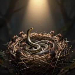 vanishing point, snakes and mice gather in a nest ， night, magic, intricate ， smooth line, light dust ，, unreal engine, mysterious dark background, warm top light, loish, rhads, ferdinand knab, greg rutkowski, dan mumford, wlop, sconcept art, digital painting, 8 k