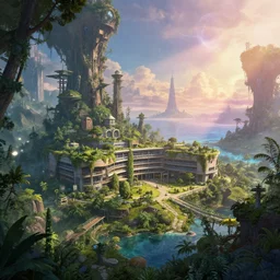 a beautiful ultradetailed rendering of nature building school by jean delville, wilderness bladerunner 2 0 4 9 synthwave morning sun landscape alien atlantis at dawn cosmic retro liberty city reclaimed by nature azeroth at dusk otherworldly at summer sea tokyo anime, archdaily, wallpaper, highly detailed, trending on artstation.
