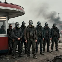 waiting in line for crude oil by simon stalenhag and gil elvgren and tom bagshaw and marc simonetti and jan miense molenaer and arthur adams, dystopian slums, diner, highly detailed, hyperrealism, smog, low contrast, low saturation, gas masks