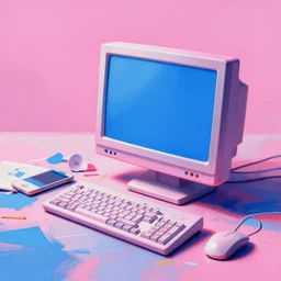 a messy messy painting of a computer in the 9 0 s, pink and blue, broad strokes, artstation, smooth, sharp focus, dynamic lighting, ultrarealistic, cinematic, octane render, 8 k