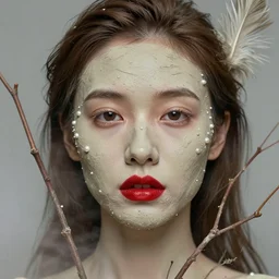portrait of a woman, close - up, clay on face, pearls on skin, high sharpness, zeiss lens, fashion photo shoot, dry branches, brown hair, red lipstick, feathers, in fog, edward buba, annie leibovitz, paolo roversi, david lazar, jimmy nelsson, eiko hosoye, artistic, hyper - realistic, beautiful face, octane rendering