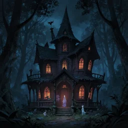 frightening witch house in the dark woods, at night, artstation, elegant, highly detailed, digital painting, concept art, smooth, sharp focus, illustration, art by don bluth and michel ocelot and makoto shinkai and tom whalen and atey ghailan and akihiko yoshida