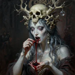 a hiper intricate oil portrait of a ghost godess eating blood, ornate bone headpiece, excelent composition, wide shot, by zdzislaw beksinski, intricate, horror atmosphere, unreal engine 5 highly rendered, global illumination