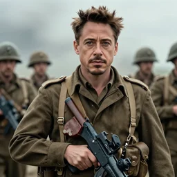 robert downey jr as a us ww 2 soldier during the liberation of france, highly detailed, cinematic lighting, photorealistic