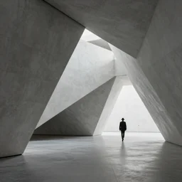 Hyper realistic photo of a interior brutalist style museum, parametric architecture, a man with suit and hat in the distance walking, sun rays at sunset, hard shadows, fog, Hyper realistic film photography by Yohji Yamamoto, Zeiss 18mm f2.8, Hasselblad, insanely detailed, sharp focus