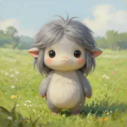 a highly detailed painting of a adorable fantasy creature with grey hair in a field concept art