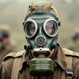 person wearing gp5 gas mask, ww1 technicolor film photo, grainy, high detail, high resolution
