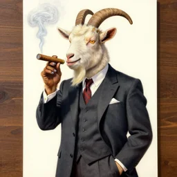 award winning character art commission of an anthro furry humanoid goat smoking a cigar, three piece suit, in the style of norman rockwell,