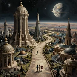 an epic whimsical masterpiece dark sci - fi matte painting of a winding path through outer space worlds, surreal architecture designed by heironymous boach, megastructures inspired by heironymous bosch, vast surreal landscapes and horizon by asher durand and cyril rolando and natalie shau, insanely detailed, elegant, concept art, digital art