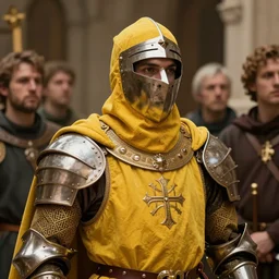 A fancy close up of a yellow medieval Holy Knight by Greg Rutkowski, Sung Choi, Mitchell Mohrhauser, Maciej Kuciara, Johnson Ting, Maxim Verehin, Peter Konig, 8k photorealistic, cinematic lighting, HD, high details, dramatic, trending on artstation