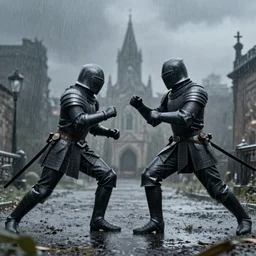 Two Black Knights fighting in the rain, 8k resolution, artstation trending