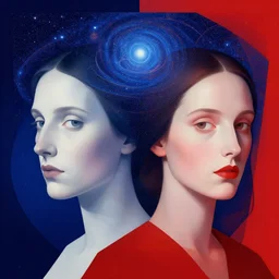two artists, portrait headshot liminal complex flat geometric minimalism, by rembrandt vermeer concept art character design hd art nouveau cosmic levels shimmer n the style of leonora carrington gottfried helnwein intricate composition blue light by caravaggio insanely quality highly detailed, masterpiece red light h - 7 2 8