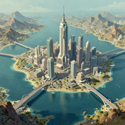 a futuristic city surrounded by water and mountains with bridges over water, a detailed matte painting by Jon McCoy, trending on cgsociety, retrofuturism, matte painting, concept art, artstation