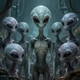 grey aliens with large eyes watching over an enslaved humanity