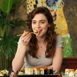 a portrait of female Asa Butterfield mixed with Pam beesly, she is eating sushi, content, kind, smiling, surrounded by plants, by gustav klimt