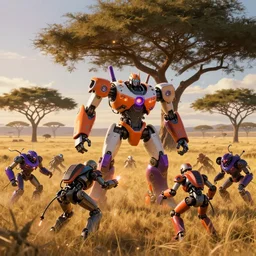 7 0 s cinematic, orange, purple, shields, flashes, white metal and black plastic robot wildlife, wires and lights, herds fighting, african plains, long grass, futuristic robot organisms, anime, acacia trees, dramatic lighting, cinematic, anamorphic, golden hour, solarpunk