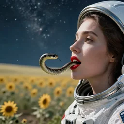 realistic photograph of a snake crawling out of a woman's mouth (red lipstick) in a space suit amongst a vast field of start