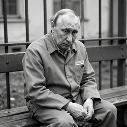 a very sad and old wrinkled vladimir putin ( in prison clothes sitting on prison bench ). detailed professional 3 5 mm black and white photo by don mccullin and anders petersen world press photo award