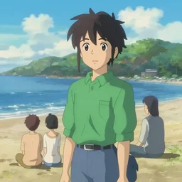 “a portrait of the emerald herald, at the beach alone, makoto shinkai, thomas kinkade, james gilleard, very comfy”