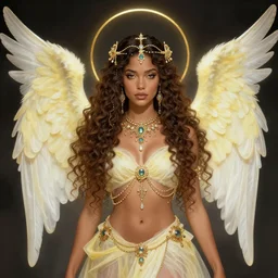 a girl with tan skin and long curly hair. Dressed from head to toe in ornate jewelry with two sets of yellowish white ethereal angel wings. Wrapped in a golden halo. By Andrei Riabovitchev James Jean, Velinxi. Artstation