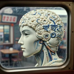 fuji gfx, 2 0 0 mm ; beautiful hyperrealistic dithered film still from nepal movie of wired devanagari brain map scene in style of 1 9 9 0 s frontiers in miniature porcelain retrofuturism deep emboss macro design architectural art studio photography magazine seinen manga cyborg extreme closeup portrait edition, real - life shinkansen window view porcelain izakaya sign, highly detailed, tilt shift background
