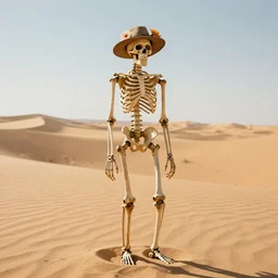 skeleton standing in the desert, wearing a hat with a flower on it.