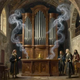 interior, pipe organ factory, fantasy, medieval, ghostly smoke, highly detailed, Artstation, oil on canvas painting by Canaletto and alan lee and john howe