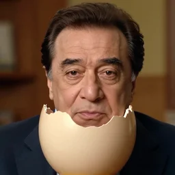 realistic Still photo of Danny Devito peaking out from a nice egg