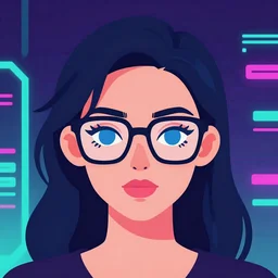 simple illustration of an attractive young woman, dark hair, blue eyes, thick glasses, symmetrical, vector art, blade runner style, cyberpunk, neon lighting, teal, purple, pink