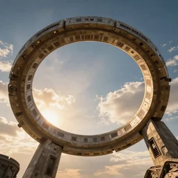 stargate made of stone that form a circle, cinematic view, epic sky, detailed, concept art, low angle, high detail, warm lighting, volumetric, godrays, vivid, beautiful, trending on artstation