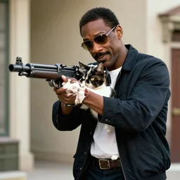 a still of the cat shooting a m 6 0 machine gun from the buddy cop movie beverly hills cat 2, with eddie murphy